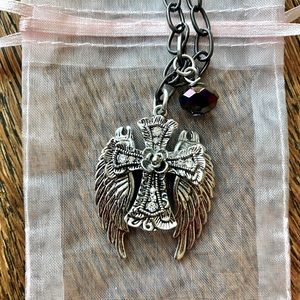Silver Cross with Angel Wings and Accent Bead with Dark Chain